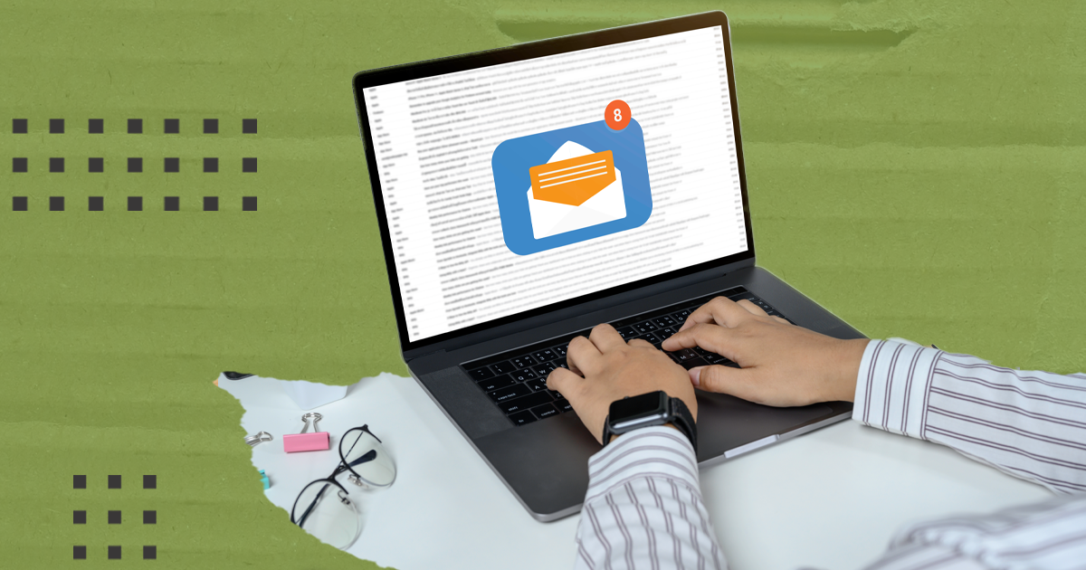 A stylized image of hands typing on a laptop keyboard. The screen shows an email inbox.