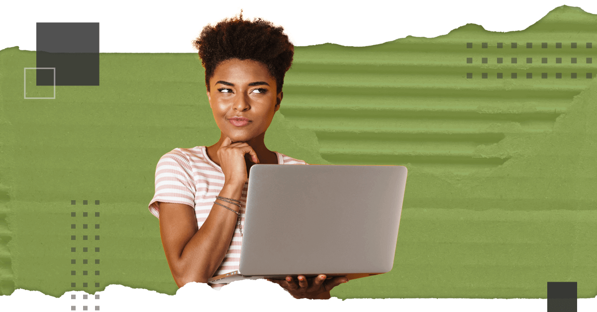 A woman with a thoughtful expression is holding a laptop in front of a green textured background