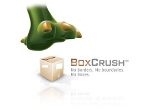 BoxCrush logo design of a dinosaur foot getting ready to crush a box