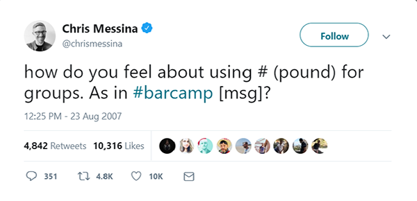 Chris Messina tweets about hashtag use